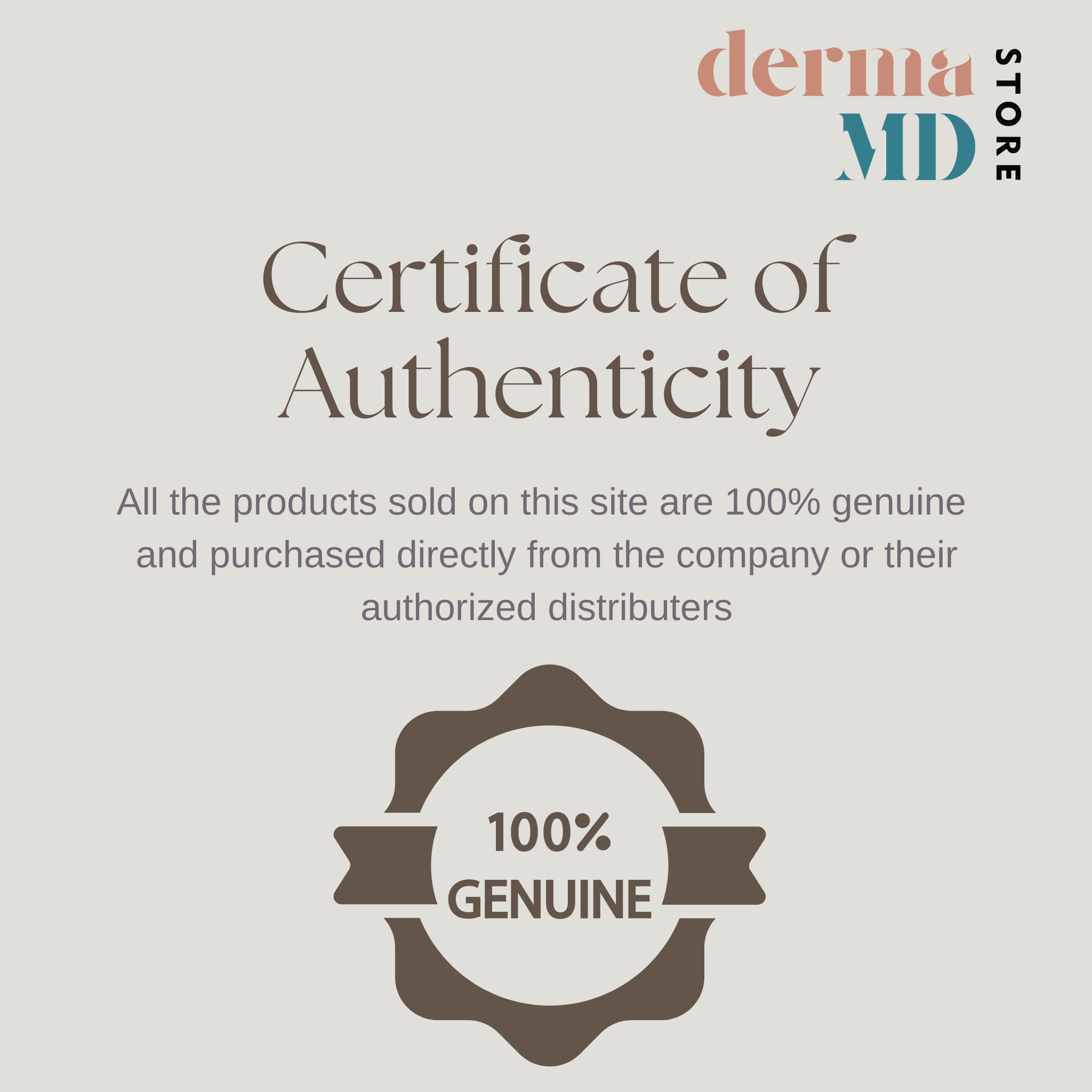 Certificate of authenticity from DermaMD Store, confirming products are 100% genuine with a seal stating "100% Genuine."